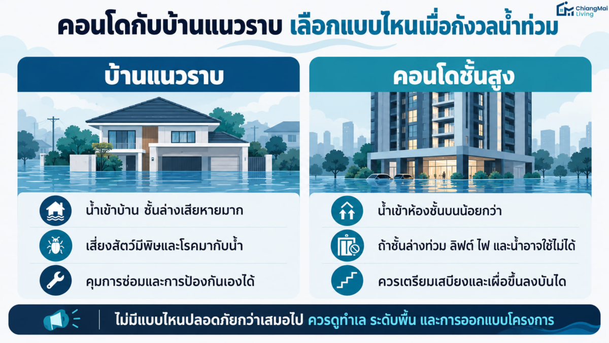 คอนโดกับบ้านแนวราบ เลือกแบบไหนเมื่อกังวลน้ำท่วม