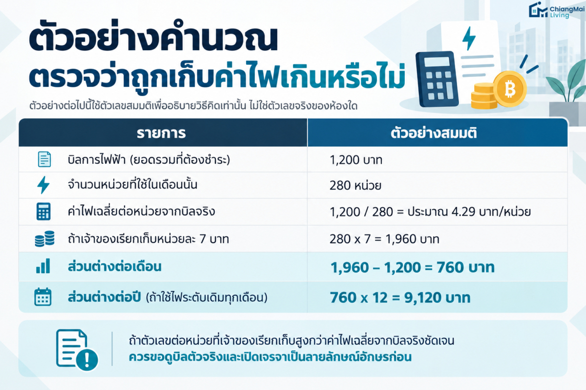 ตัวอย่างคำนวณ ตรวจว่าถูกเก็บค่าไฟเกินหรือไม่