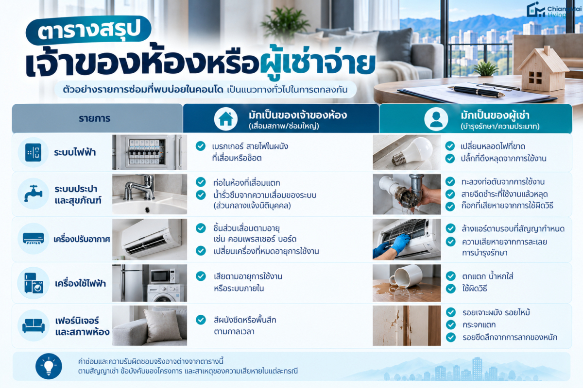 ตารางสรุป เจ้าของห้องหรือผู้เช่าจ่าย