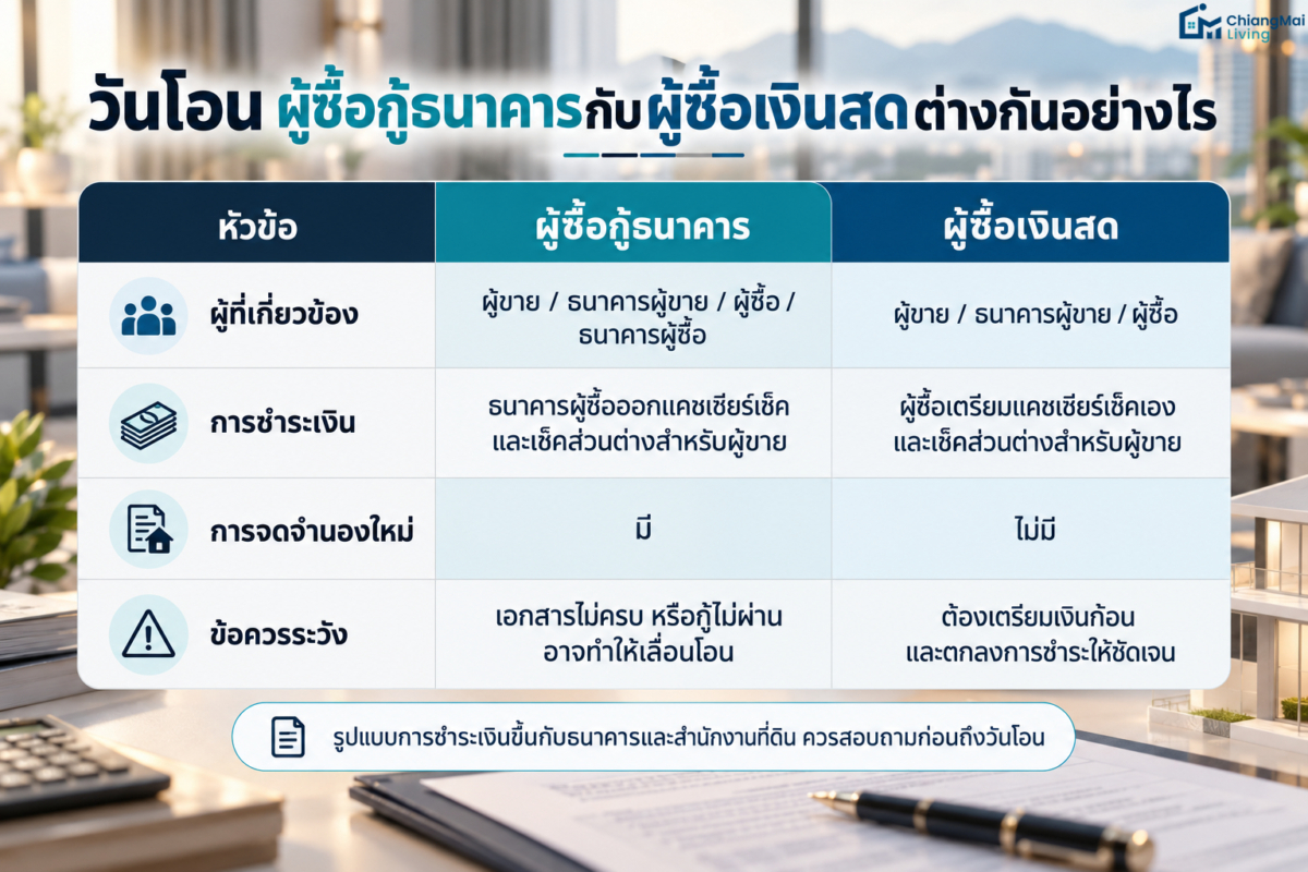วันโอน ผู้ซื้อกู้ธนาคารกับผู้ซื้อเงินสดต่างกันอย่างไร